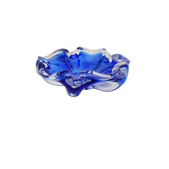 Bohemian Art Glass Ashtray Bowl Mid-Century Modern MCM Blue Glass - Picture 3 of 5
